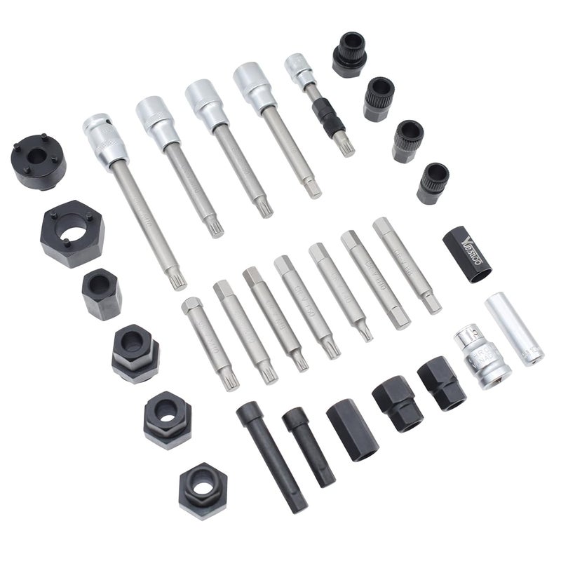 Yuesstloo 30PCS Alternator Pulley Remove Install Tool Kit, Compatible with VW Audi Ford BMW Benz Volvo GM Toyota Buick Chevrolet, Alternator Decoupler Pulley Tool, Clutch Freewheel Removal Socket Bit Set - Image 2